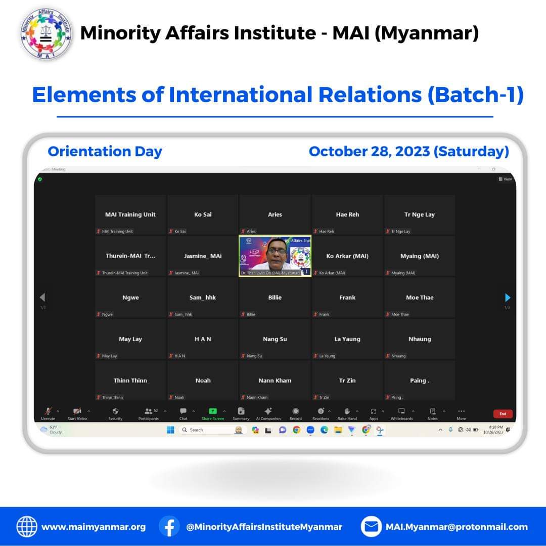 Elements of International Relations (EIR) သင်တန်း အပတ်စဉ်(၁) အား စတင်ဖွင့်လှစ်ခြင်း