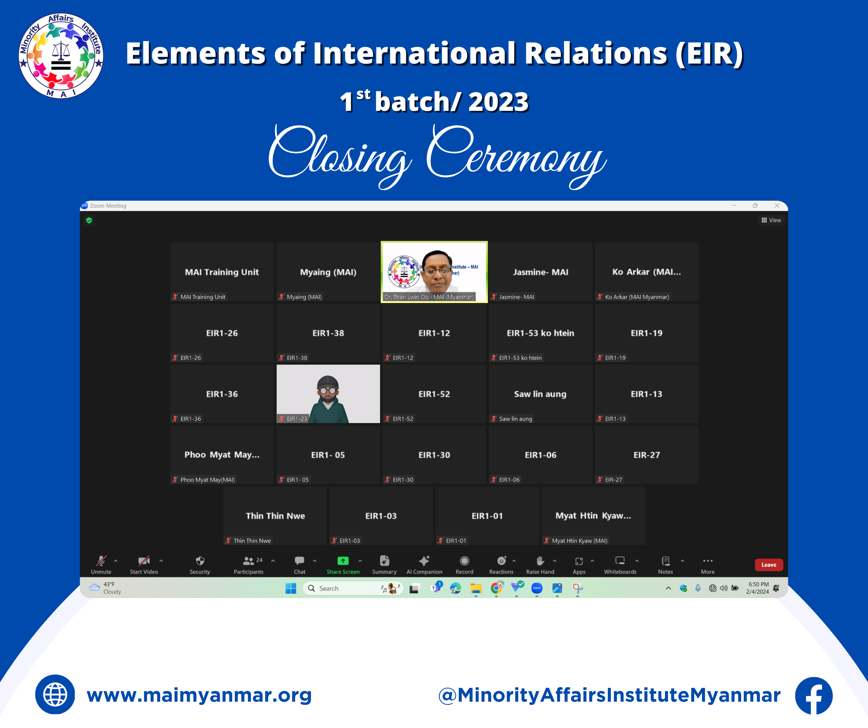 Elements of International Relations (EIR) (Batch-1) သင်တန်း အောင်မြင်စွာပြီးဆုံးခြင်း