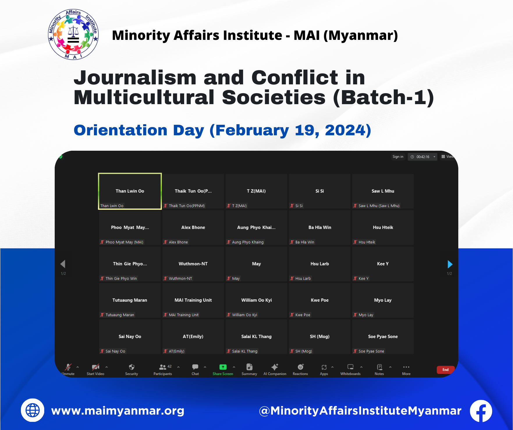 Journalism and Conflict in Multicultural Societies (JCMS-1) အပတ်စဉ်(၁) သင်တန်း အား စတင်ဖွင့်လှစ်ခြင်း