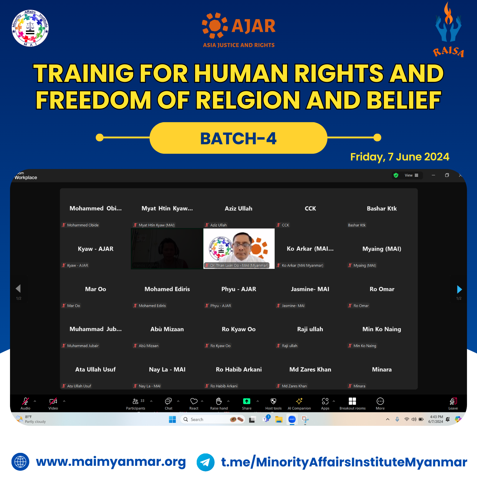 Human Rights And Freedom of Religion And Belief Training (Batch - 4) အား စတင်ဖွင့်လှစ်ကြောင်းကြေညာခြင်း